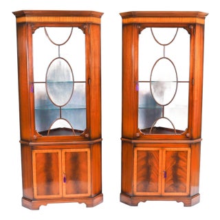 Vintage 20th Century English Flame Mahogany Corner Display Cabinets from Harrods For Sale