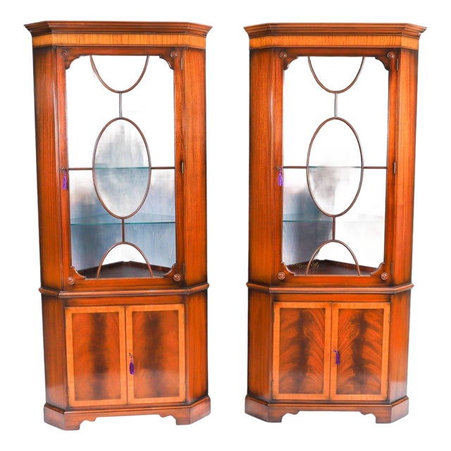 Vintage 20th Century English Flame Mahogany Corner Display Cabinets from Harrods For Sale