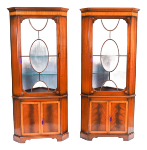 Vintage 20th Century English Flame Mahogany Corner Display Cabinets from Harrods