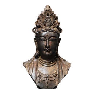 Vintage Gilt Bronze Bodhisattva Head Bust / Guanyin Statue For Sale
