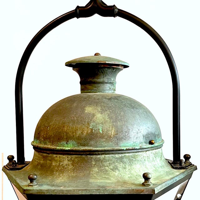 19th Century French Copper Street Lanterns - Pair - Rewired - 6 Foot Chains For Sale - Image 4 of 12