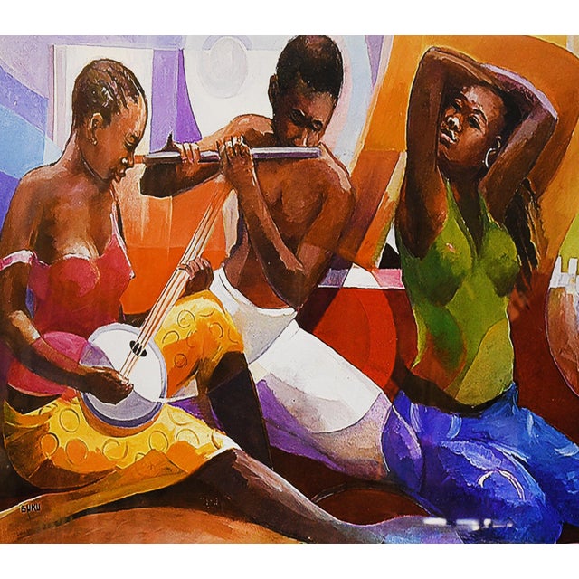 A vibrant art print depicting three women engaged in a musical performance. Each woman is depicted in a unique pose,...