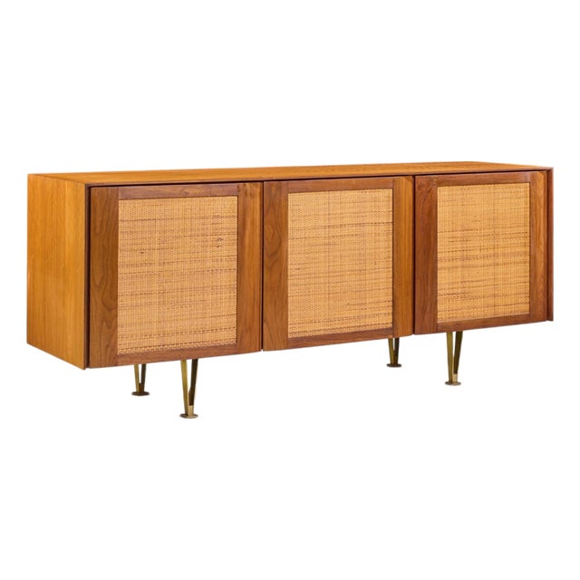 Gio Ponti for Singer & Sons Model 2184 Mid Century Walnut, Cane and Brass Credenza For Sale