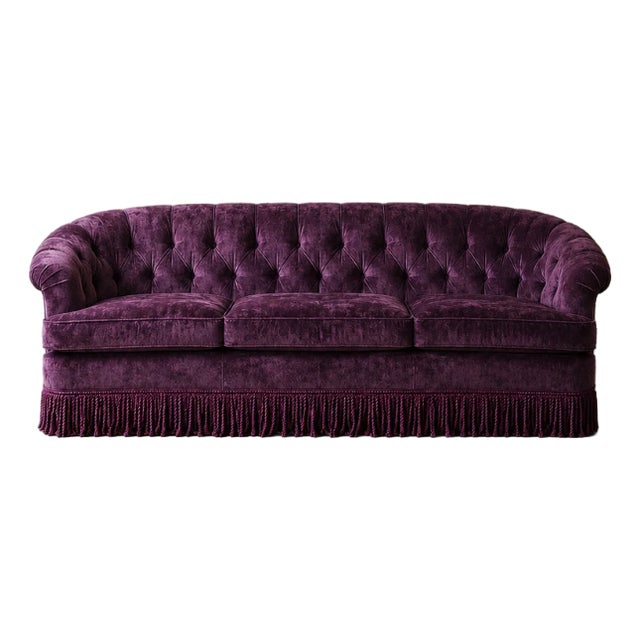 Vintage Deep Plum Tufted Fringe Sofa For Sale