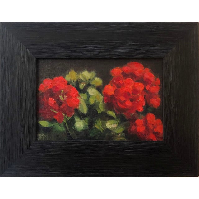 Impressionist Geraniums by Barbara Hack | Oil on canvas board Red geranium flowers with green leaves. For Sale - Image 3 of 4
