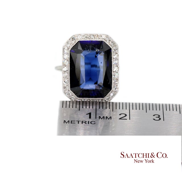 Metal Vintage 18k White Gold Synthetic Sapphire and Natural Diamond Milgrain Ring, Size 8 For Sale - Image 7 of 8