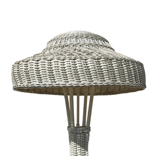 1940s 1940s Postmodern Shabby Chic White Wicker Tropical Splay Foot Base Floor Lamp W/ Shade For Sale - Image 5 of 8