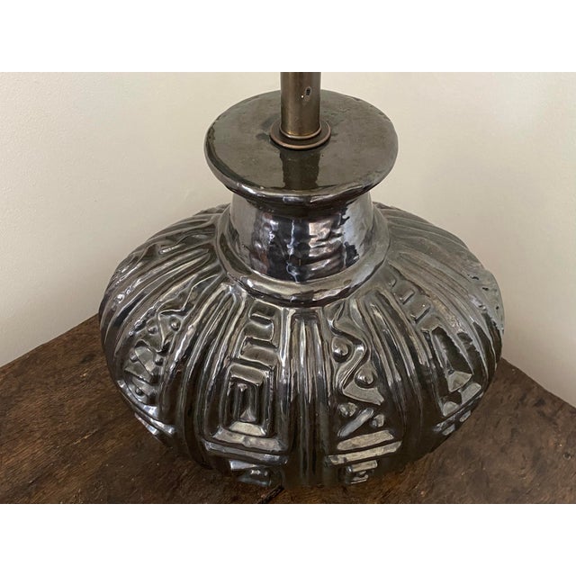 Dark Gray Midcentury Ceramic Pottery Lamp by Lee Rosen for Design Technics With Original String Shade For Sale - Image 8 of 10