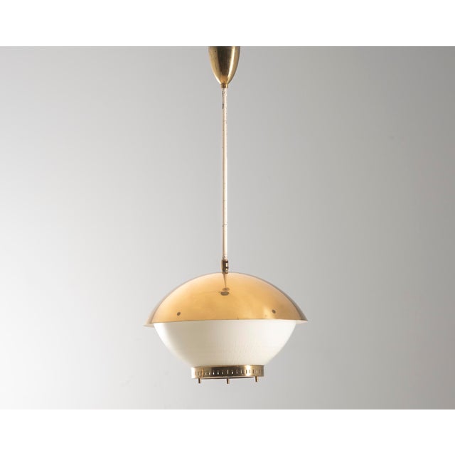 Mid-Century Modern Large Brass Pendant with Engraved Opaline Glass, 1940s For Sale - Image 3 of 7