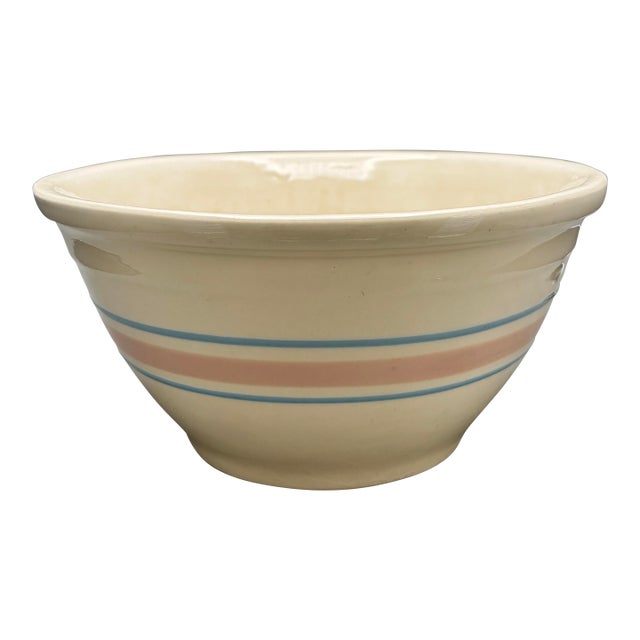 Vintage McCoy Pottery 1970s Pink and Blue Striped Stoneware Mixing Bowl For Sale
