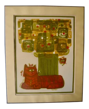 1973 David Weidman Mid-Century Modern Flower Cat Print