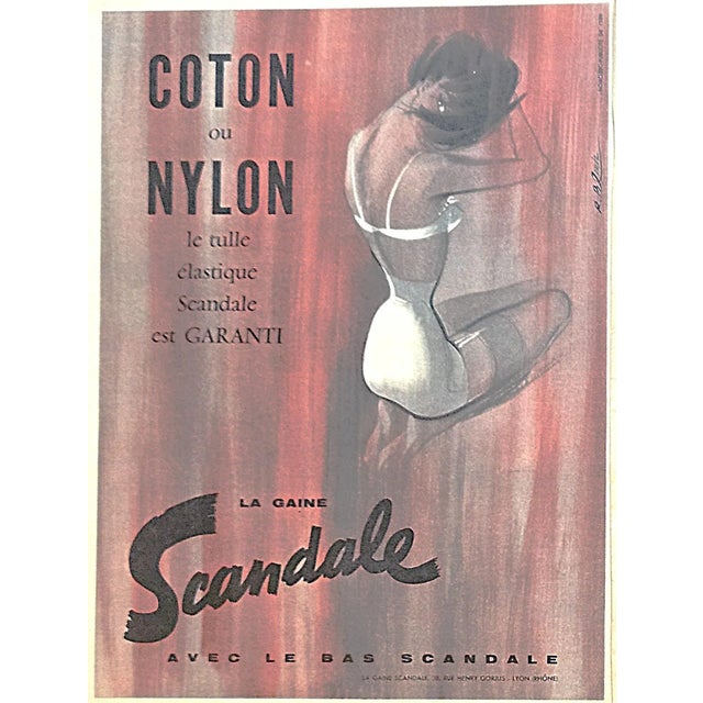 This is a pair of 1958 Mid-Century French advertisement prints for luxury lingerie, bras, girdles and hosiery by a French...