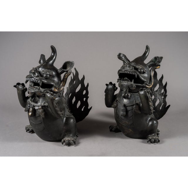 Early 19th Century Pair Antique Chinese Bronze Foo Dog Shishi Incense Burners Qing Republic For Sale - Image 5 of 9