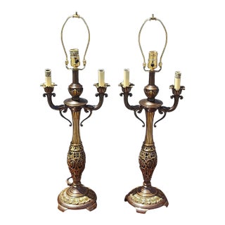 Pair Vintage Electric Brass Candelabra Table Lamps Antique Girandole 3 Lights For Sale