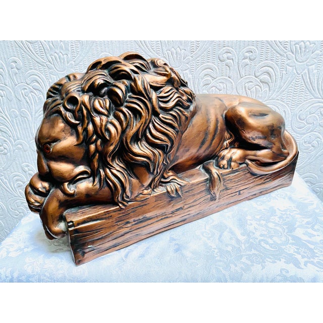Mid-Century Modern Large Lion Copper Painted Ceramic Figurine Glass Eyes Signed He For Sale - Image 4 of 12