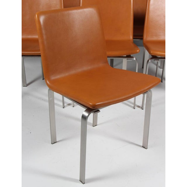 Dining Chairs in Tan Leather and Stainless Steel by Jørgen Høj for PP Møbler, 2010s, Set of 8 For Sale - Image 4 of 10