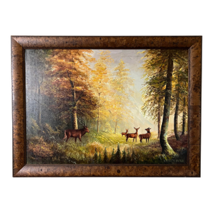 Vintage C1965 Scenic Deer and Forest Landscape by W. Kretzschmann With Burlwood Frame