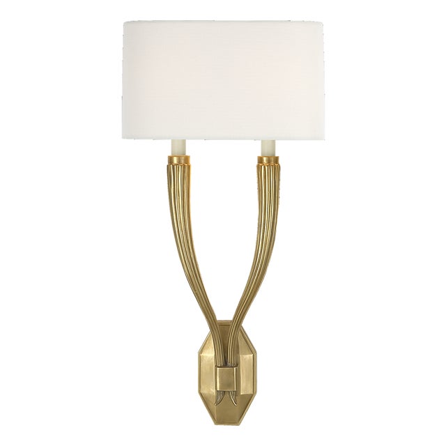 Chapman & Myers for Visual Comfort Signature Ruhlmann Double Sconce in Antique-Burnished Brass with Linen Shade For Sale