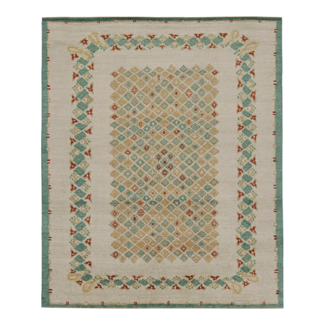 Rug & Kilim’s French Art Deco Style Rug in Beige-Brown & Blue Geometric Patterns For Sale