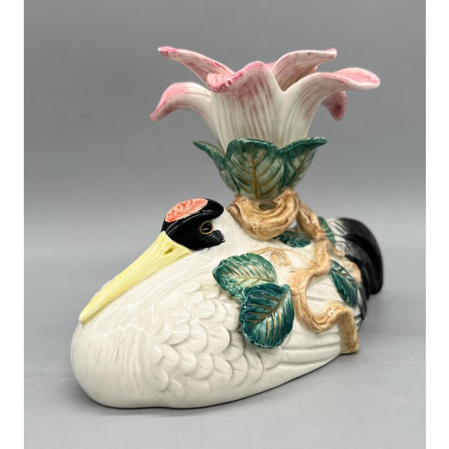 Chinoiserie 1996 Fitz & Floyd Crane & Lily Ceramic Candlestick Holder – Chinoiserie / Hollywood Regency For Sale - Image 3 of 12