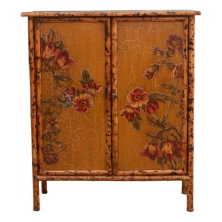 Vintage Bamboo Chinoiserie Cabinet W/Floral Applique For Sale