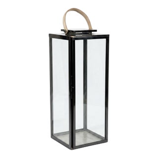 Vintage Modern Polished Gunmetal & Glass Floor Lantern With Tan Leather Handle For Sale