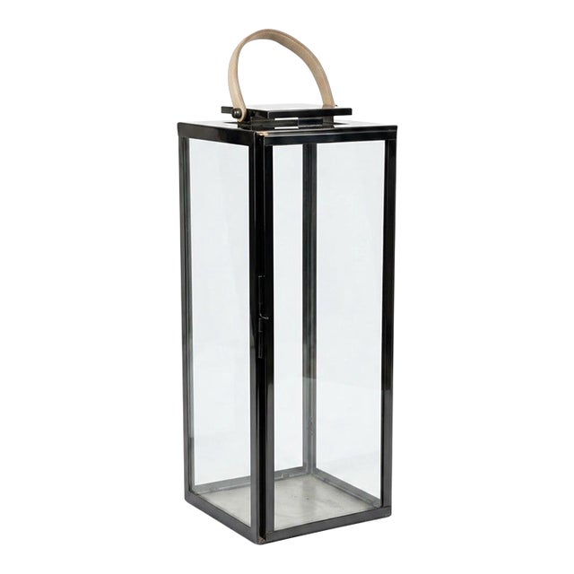 Vintage Modern Polished Gunmetal & Glass Floor Lantern With Tan Leather Handle For Sale