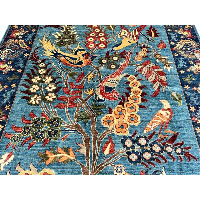 Blue Afghan Pictorial Tree of Life Hand-Knotted Wool Rug - 9'9" X 6'7" For Sale - Image 10 of 17