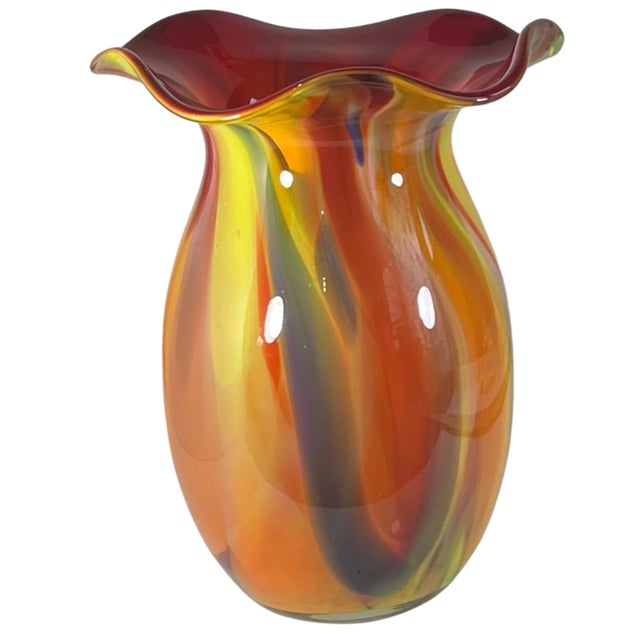 Bulbous Orange Marbled Flared Lip Art Glass Vase For Sale - Image 13 of 16