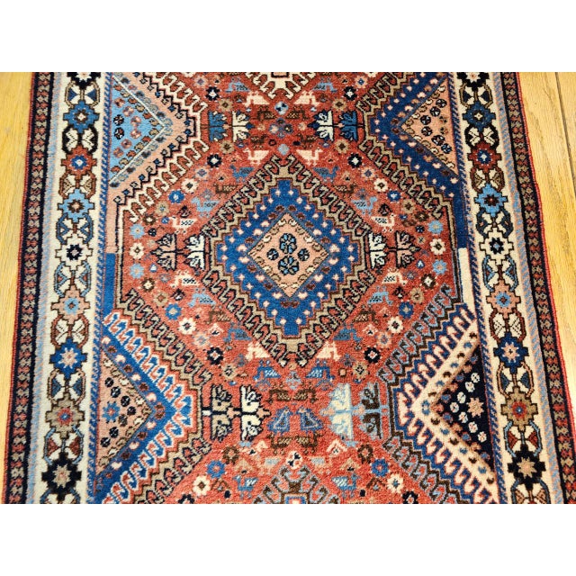 Vintage Persian Shiraz Tribal Runner Rug, Hand-Knotted Wool, Geometric Medallion Pattern, Red & Blue, 3x10 For Sale - Image 14 of 15