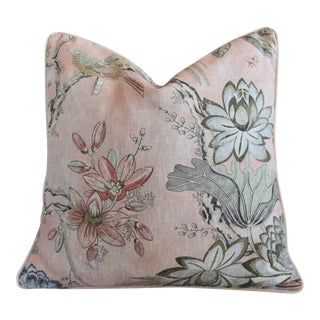 English Designer Anna French Blush-Pink Thibaut Floral Botanical Feather/Down Pillow 22” Square For Sale