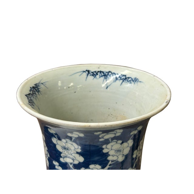 Vintage Chinese Blue White Blossom Wide Mouth Column Porcelain Vase For Sale - Image 4 of 9
