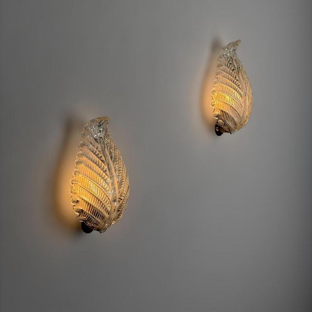 Foglia Murano Glass Wall Lights by Ercole Barovier for Barovier & Toso, 1940s, Set of 2 For Sale - Image 3 of 18