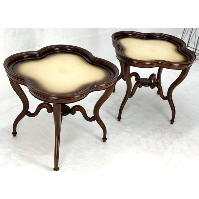 Traditional Pair Mahogany Clover Shape Light Cream Leather Top Lamp End Tables Stands For Sale - Image 3 of 12