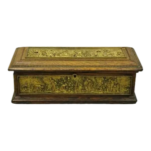 Late 19th Century Antique E. Schutzmarke Oak Wood Figural Bronze Relief Jewelry Box Casket