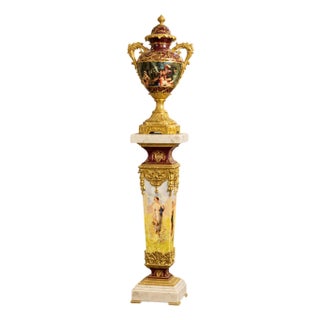 Opulent French-Style Burgundy Porcelain Vase & Pedestal – Marble, Gold Leaf & Bronze Details For Sale