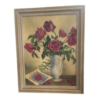 Mid Century Red Roses Still Life Oil Painting by Dorothy Stratton, Listed American Women Artists For Sale
