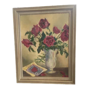 Mid Century Red Roses Still Life Oil Painting by Dorothy Stratton, Listed American Women Artists