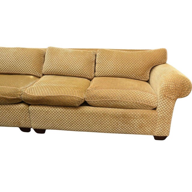 Large O Henry House sofa in gold velvet fabric. Sofa is two pieces with lengths of 83" and 61".