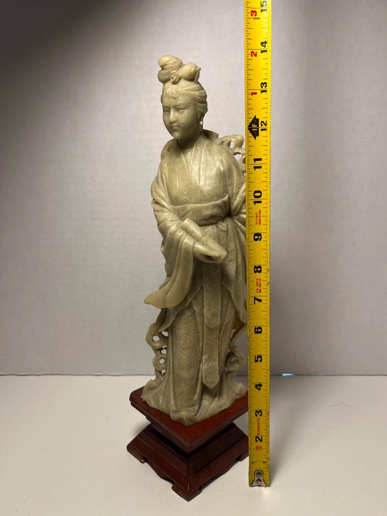 Vintage Hand Carved Chinese Green Soapstone Statue Stone Base