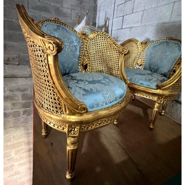 Textile Louis XV Style Bergere Wing Chair Set With Gold Leaf Details For Sale - Image 7 of 9