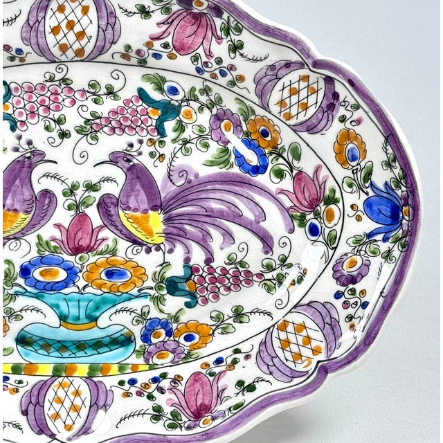 Traditional Antique Hand-Painted Polychrome Faience Wall Plate With Birds and Floral Motifs For Sale - Image 3 of 11
