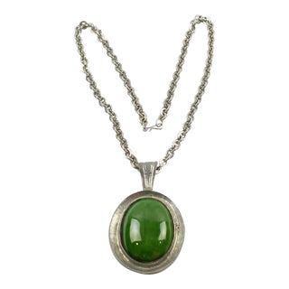 Space Age Pewter Necklace With Green Ceramic Pendant For Sale