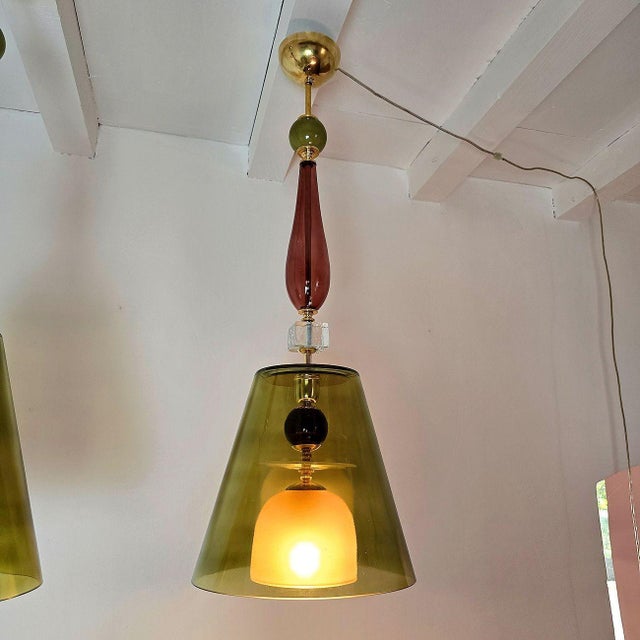 Olive Green, Mid Century Modern, Murano Glass Pendant Lights - a Pair For Sale In Dallas - Image 6 of 14