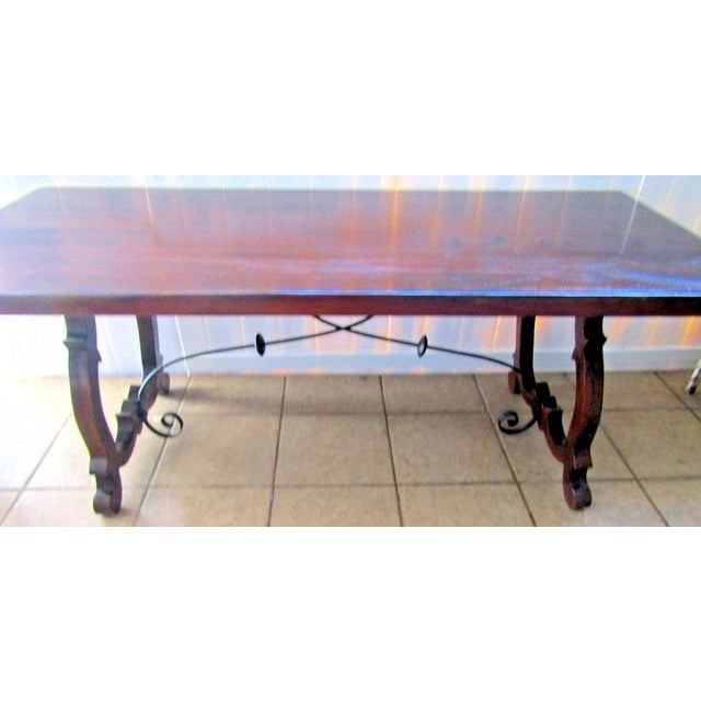 Vintage Spanish Catalan Trestle Dining Table With Lyre Legs and Iron Stretchers For Sale - Image 4 of 15
