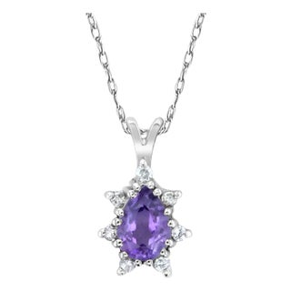 Pear Shaped Amethyst Diamond Necklace 14k White Gold 16" For Sale