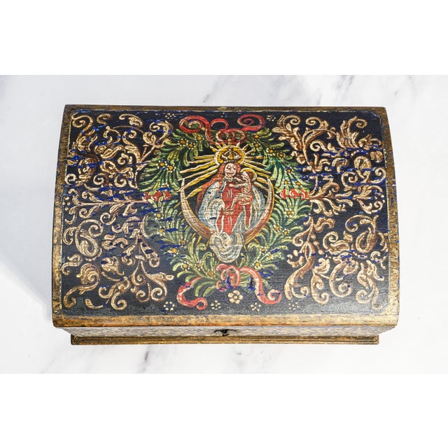 Early 19th Century Striking Hand Painted Antique Domed Wood Casket Box With Key Madonna and Child Religious Scene For Sale - Image 5 of 18