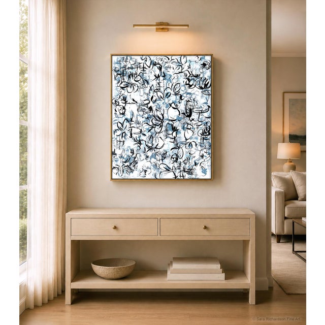 Belonging No. 23 is a vertically oriented abstract painting defined by high-contrast black and white tones, layered...