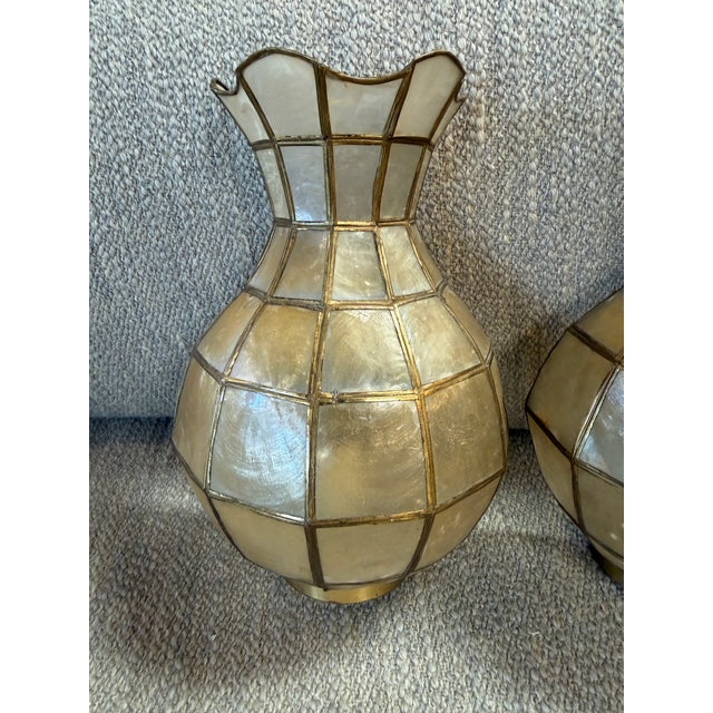 Brass Pair of Capiz Shell and Brass Wall Sconces Small, 1970s For Sale - Image 8 of 9