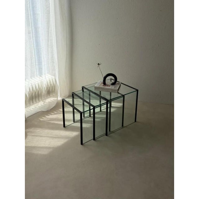 Postmodernist Nesting Tables Glass Black Metal, 1980s, Set of 3 For Sale - Image 12 of 12